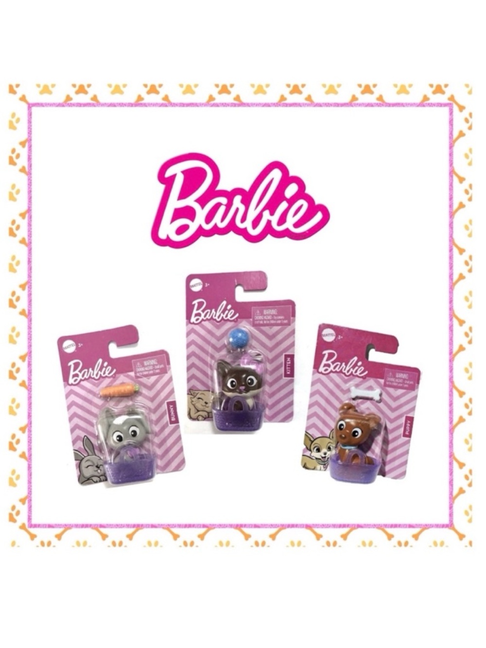 New Barbie Pet Playset Trio – Kitten, Puppy & Bunny in Basket Collection